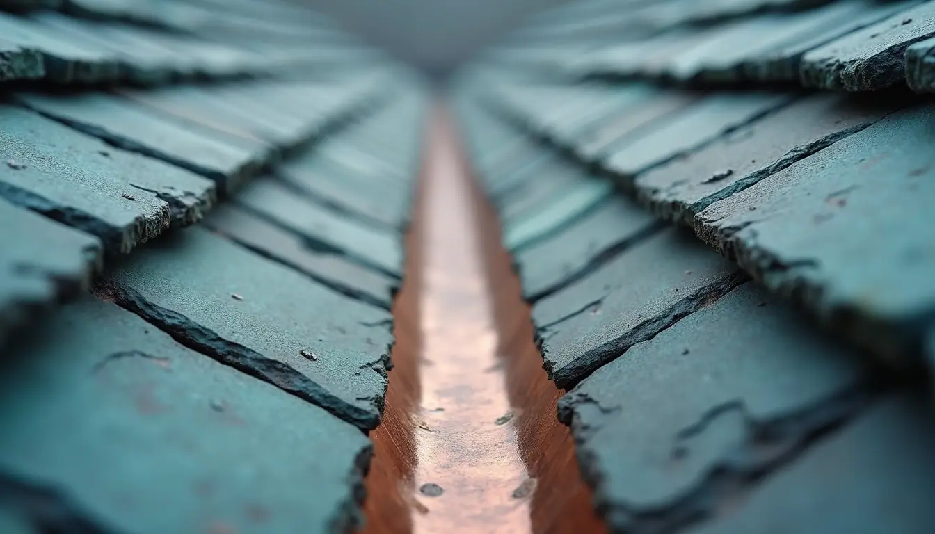 Hand-formed copper valley flashing running between two slate roof planes, new copper meeting older green verdigris.