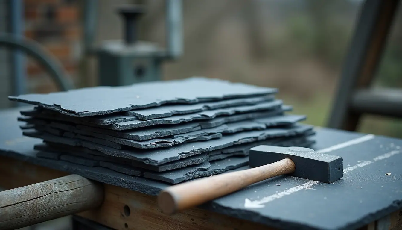 A stack of split blue-grey roofing slates on a scaffold plank with a chalk line and a slate hammer.