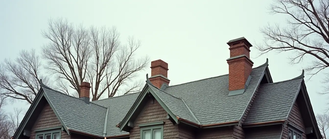 The slated roofline of a large old house, with steep gables, dormers and copper gutters gone soft green.